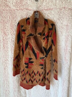 Black Rivet Fuzzy Tribal Cardigan in Brown, Red & Black